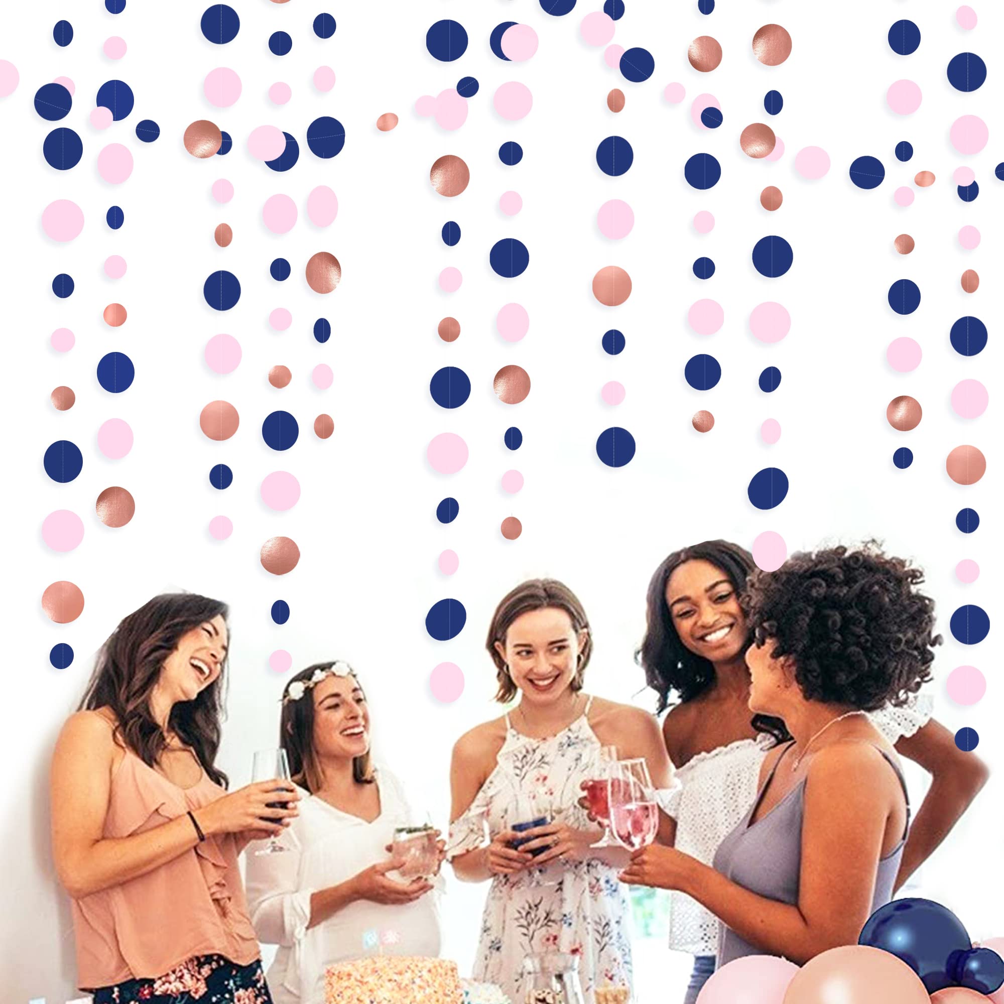 46Ft Navy Blue Blush Circle Dot Garland Royal Blue Pink Rose Gold Hanging Paper Polka Dot Streamer For Gender Reveal Baby Shower